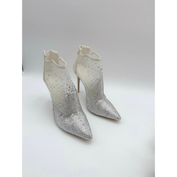 White Silver Rhinestone Ankle Boots Stilettos High Top Mesh wedding Size 7.5 - Picture 1 of 16